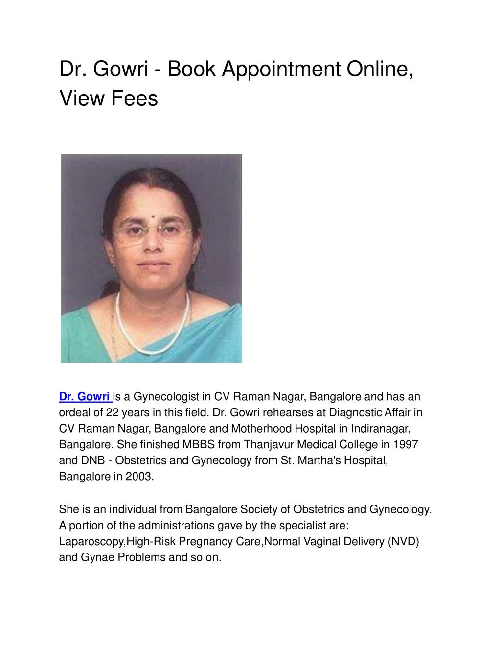 dr gowri book appointment online view fees
