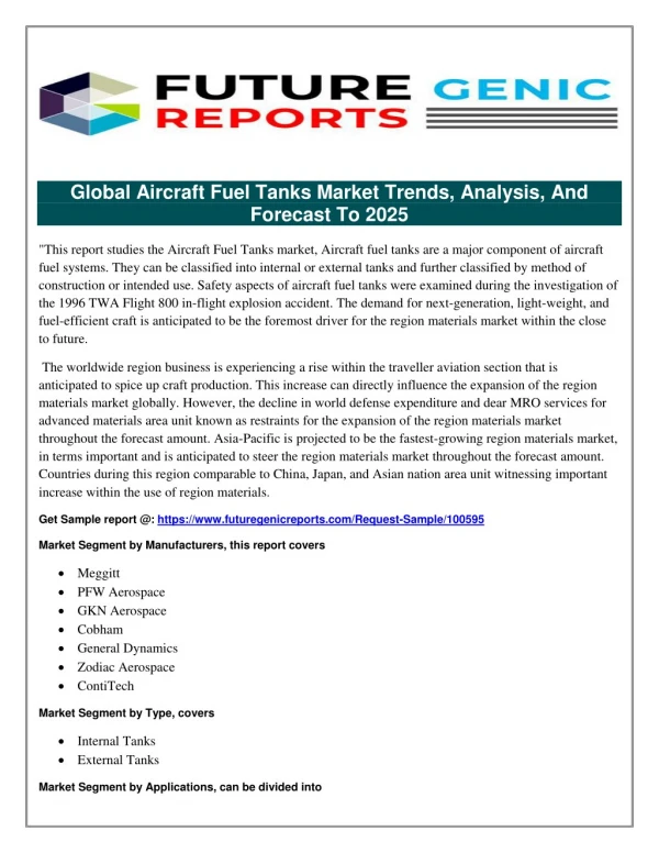 Global Aircraft Fuel Tanks Market by Manufacturers, Countries, Type and Application, Forecast to 2023