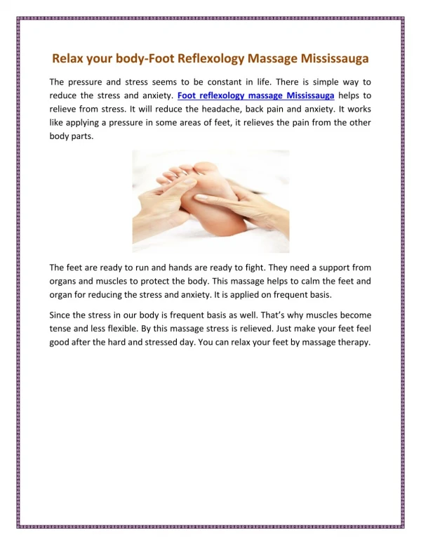 Relax Your Body-Foot Reflexology Massage Mississauga
