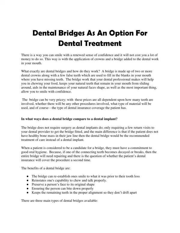 Dental Bridges As An Option For Dental Treatment