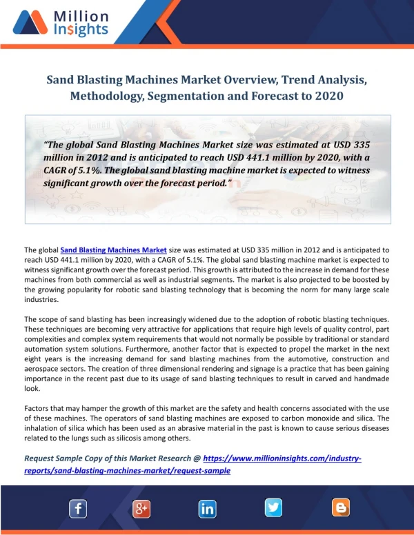 Sand Blasting Machines Market Overview, Trend Analysis, Methodology, Segmentation and Forecast to 2020