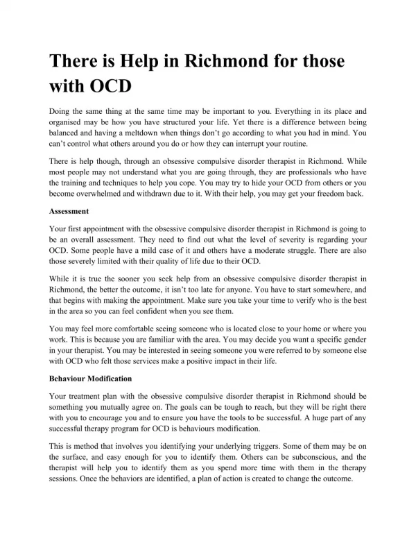 There is Help in Richmond for those with OCD