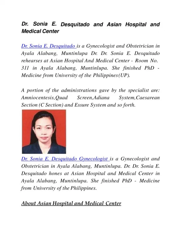 Dr. Sonia E. Desquitado and Asian Hospital and Medical Center