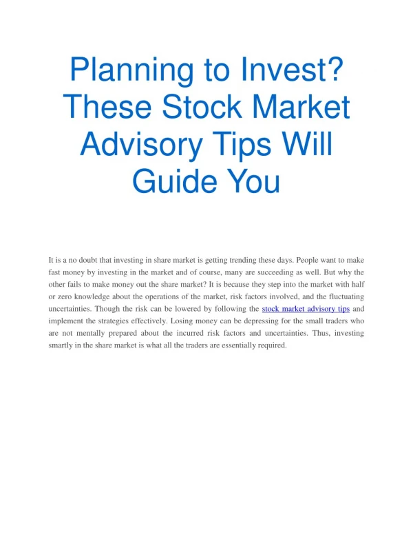 Planning to Invest? These Stock Market Advisory Tips Will Guide You