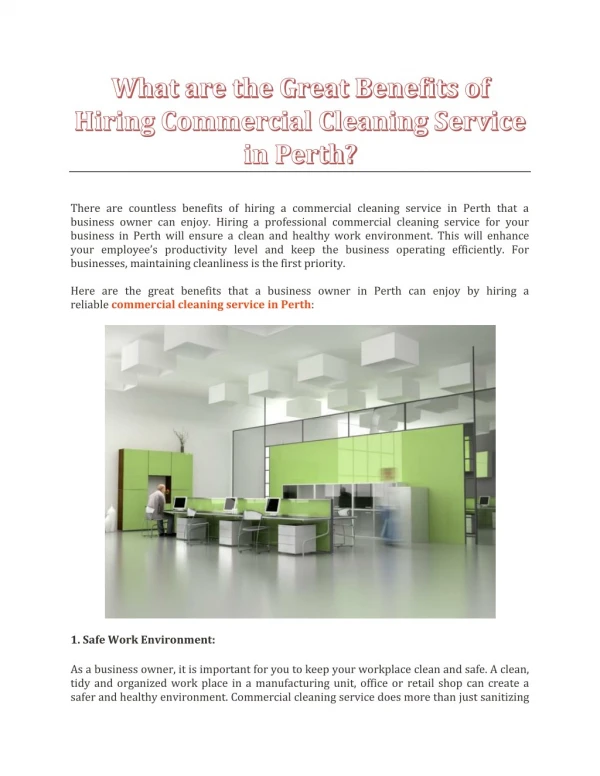 What are the Great Benefits of Hiring Commercial Cleaning Service in Perth?
