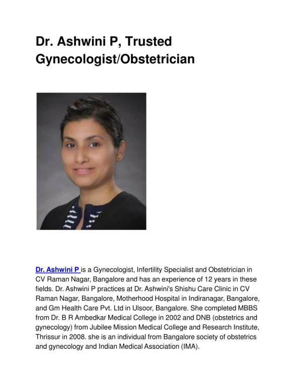 Dr. Ashwini P, Trusted Gynecologist/Obstetrician