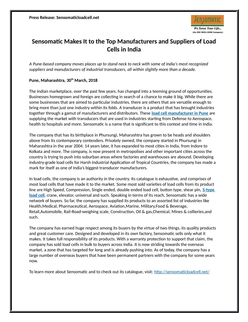 press release sensomaticloadcell net