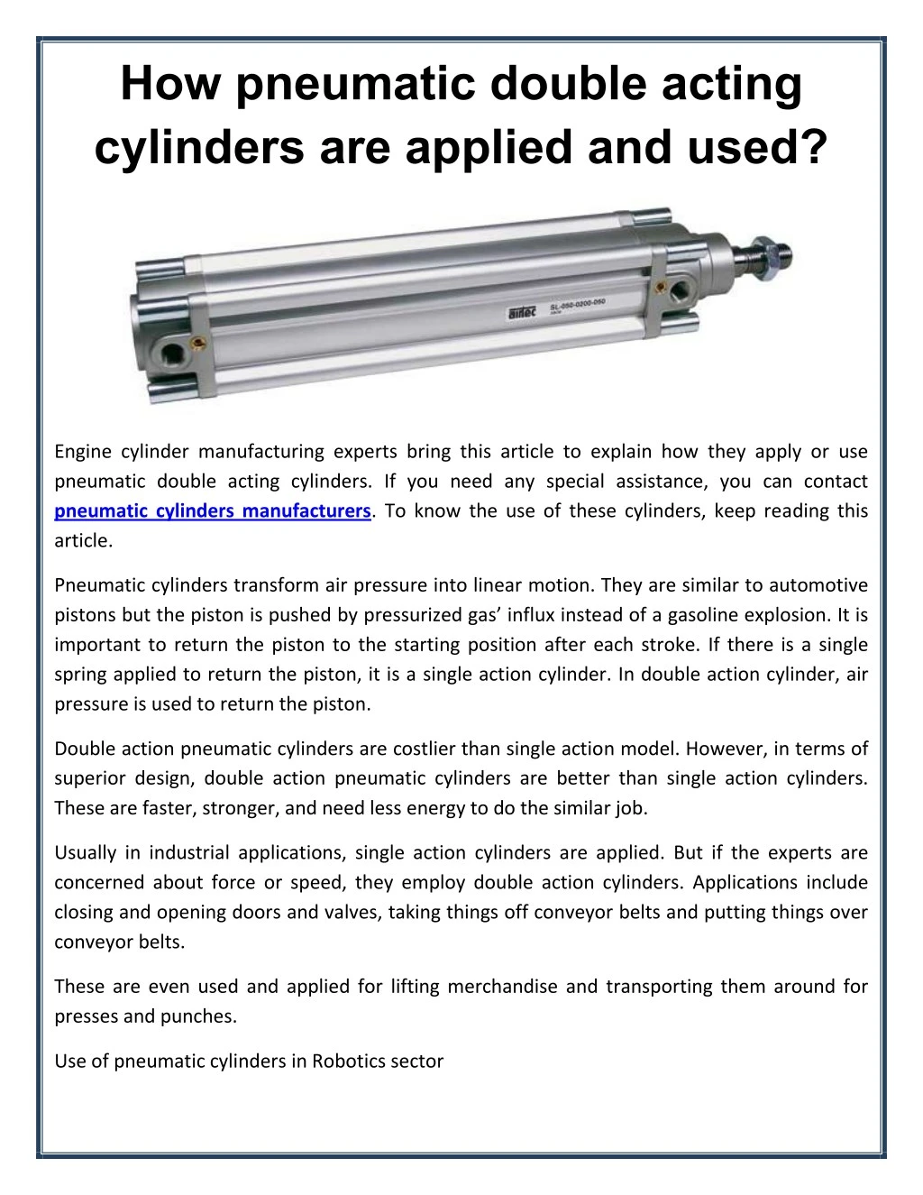 how pneumatic double acting cylinders are applied