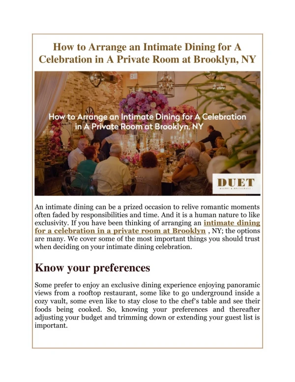 How to Arrange an Intimate Dining for A Celebration in A Private Room at Brooklyn, NY