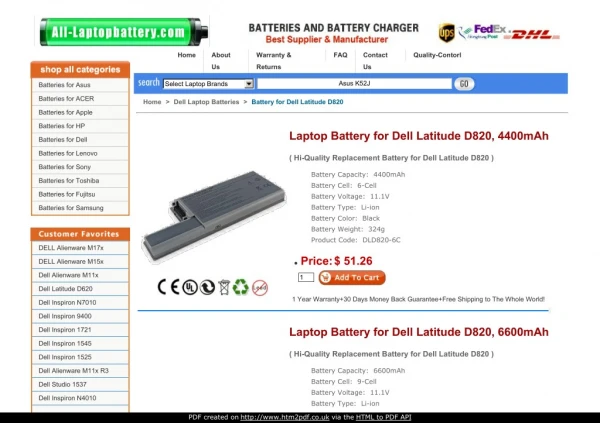Laptop Battery for Dell Latitude D820