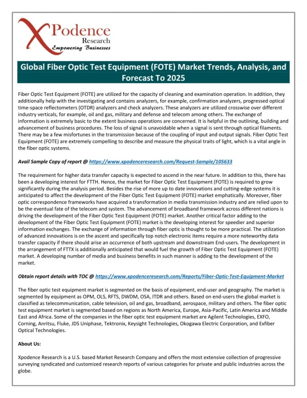 Future of Global Fiber Optic Test Equipment (FOTE) Industry Analyzed by Top Research Firm