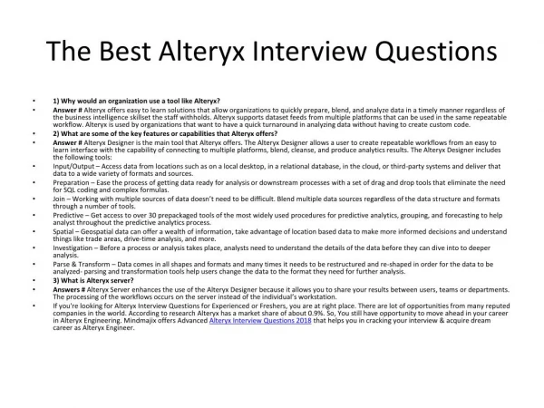 Learn The Best Alteryx Interview Questions 2018