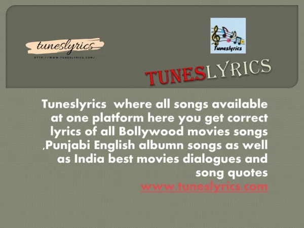 Tuneslyrics - India best Bollywood, Punjabi and English lyrics website