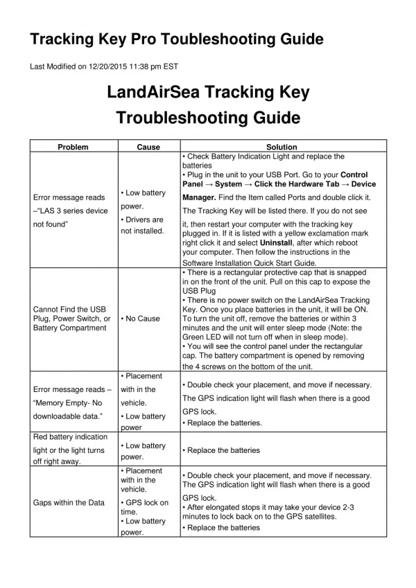 LandAirSea Tracking Key Troubleshooting Guide