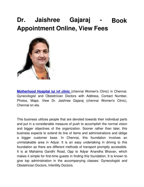 Dr. Jaishree Gajaraj - Book Appointment Online, View Fees