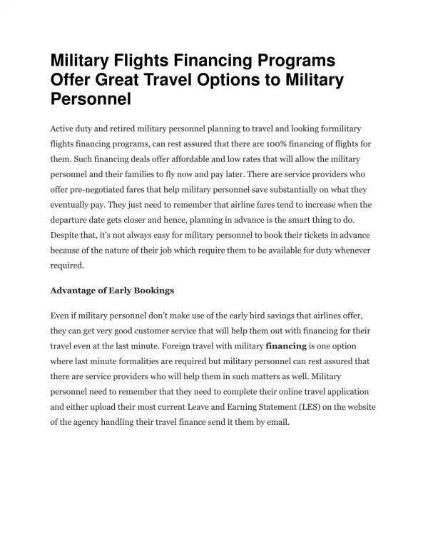 Military Flights Financing Programs Offer Great Travel Options to Military Personnel