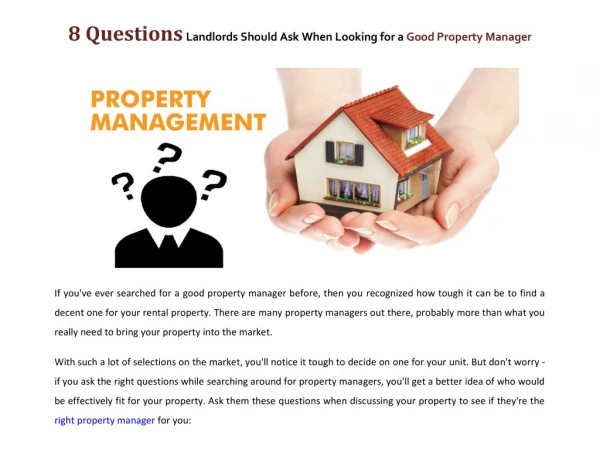 8 Questions Landlords Should Ask When Looking for a Good Property Manager
