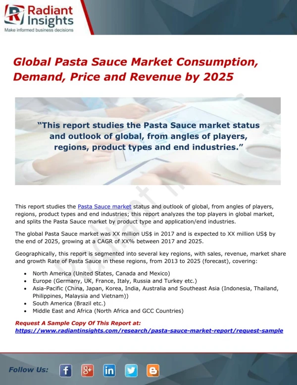 Global Pasta Sauce Market Consumption, Demand, Price and Revenue by 2025