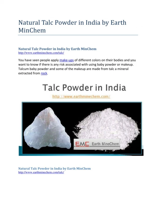 Natural Talc Powder in India by Earth MinChem