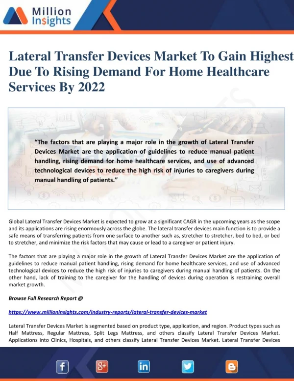 Lateral Transfer Devices Market To Gain Highest Due To Rising Demand For Home Healthcare Services By 2022