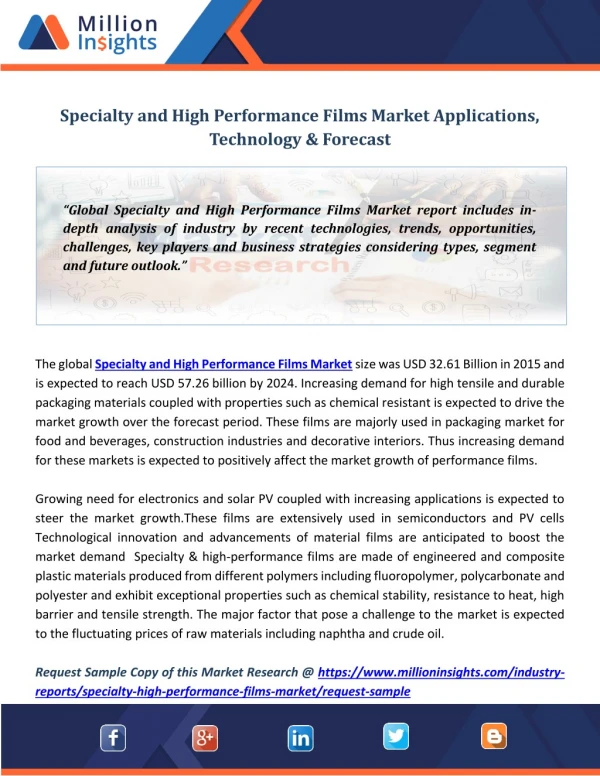 Specialty and High Performance Films Market Applications, Technology & Forecast