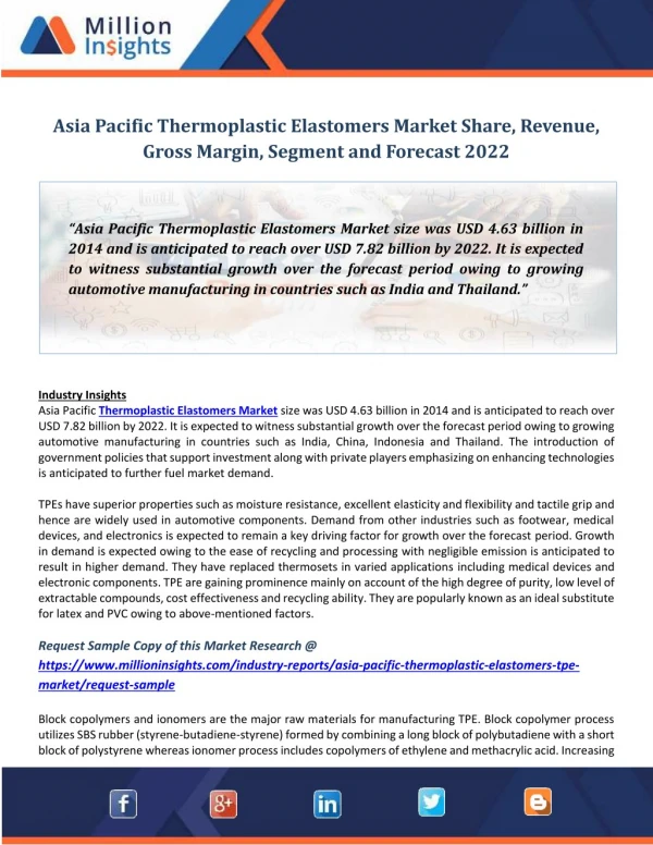 Asia Pacific Thermoplastic Elastomers Market Share, Revenue, Gross Margin, Segment and Forecast 2022