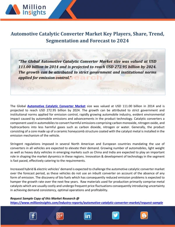 Automotive Catalytic Converter Market Key Players, Share, Trend, Segmentation and Forecast to 2024
