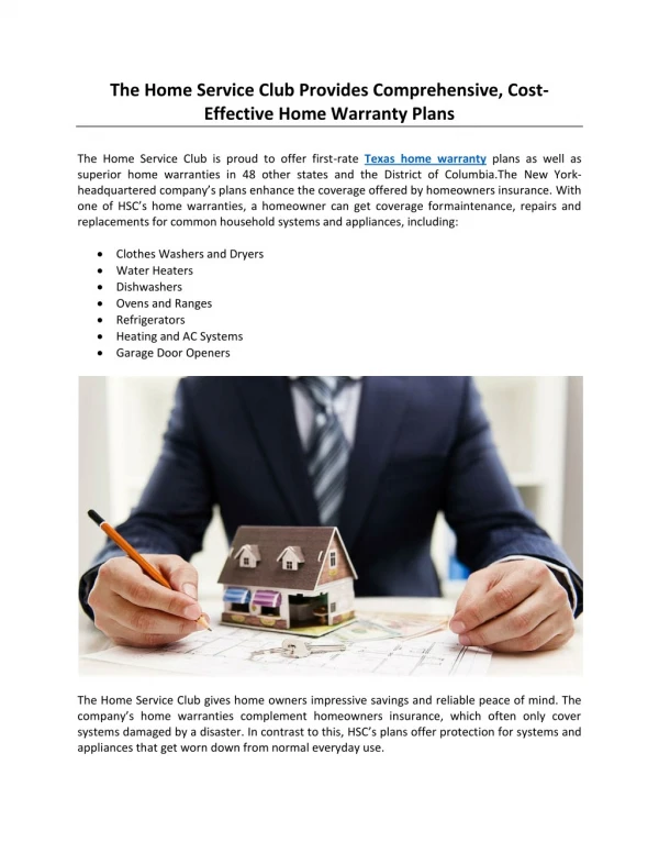 The Home Service Club Provides Comprehensive, Cost-Effective Home Warranty Plans
