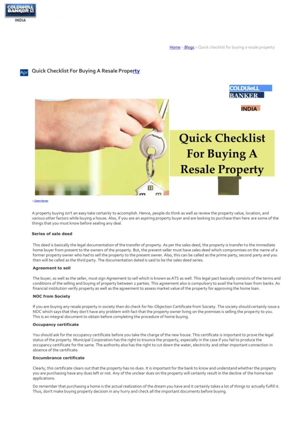 Quick Checklist For Buying A Resale Property