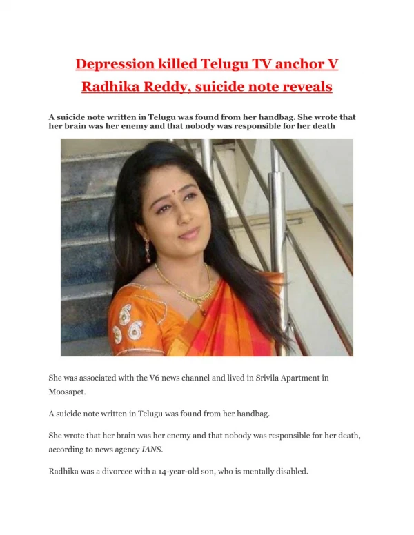 Depression killed Telugu TV anchor V Radhika Reddy, suicide note reveals