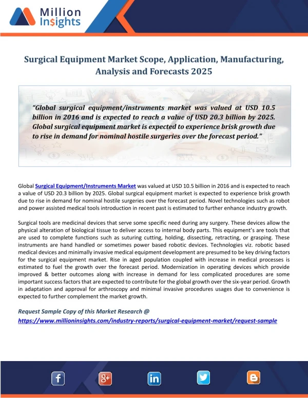Surgical Equipment Market Scope, Application,Manufacturing, Analysis and Forecasts 2025