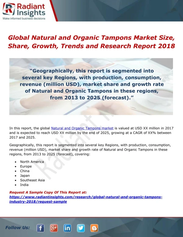 Global Natural and Organic Tampons Market Size, Share, Growth, Trends and Research Report 2018