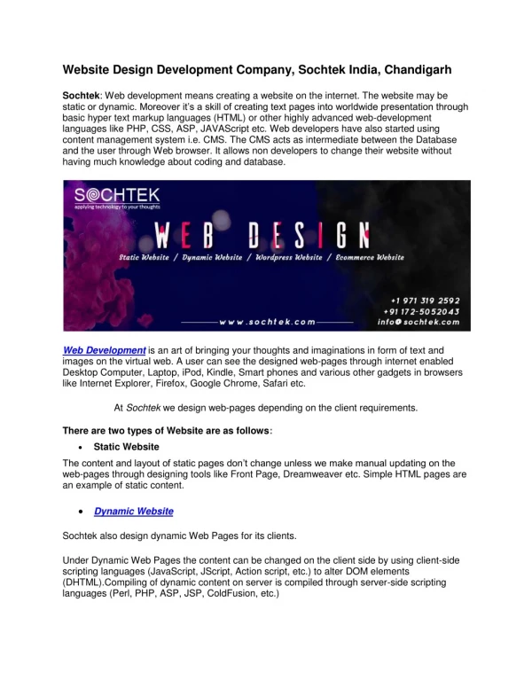 Website Design Development Company, Sochtek India, Chandigarh