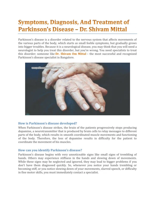 Symptoms, Diagnosis, And Treatment of Parkinson’s Disease - Dr. Shivam Mittal