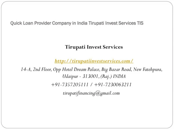 Quick Loan Provider Company in India Tirupati Invest Services TIS