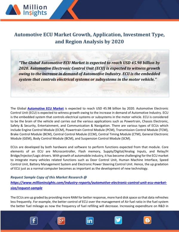 Automotive ECU Market Growth, Application, Investment Type, and Region Analysis by 2020