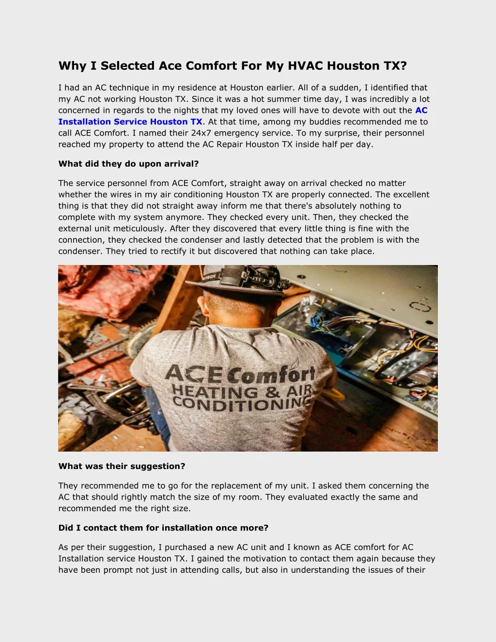 why i selected ace comfort for my hvac houston tx