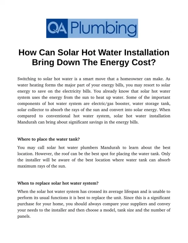 How Can Solar Hot Water Installation Bring Down The Energy Cost?