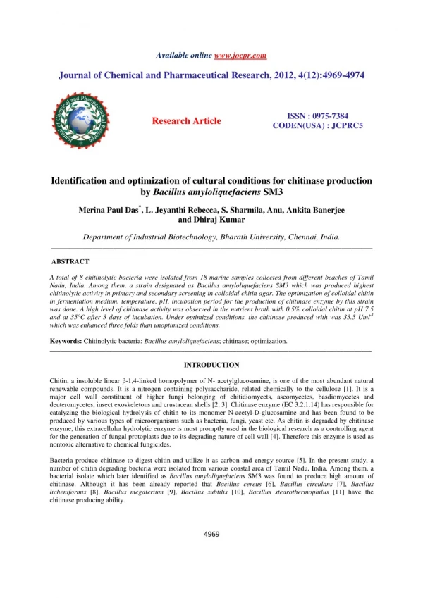 Identification and optimization of cultural conditions for chitinase production by Bacillus amyloliquefaciens SM3