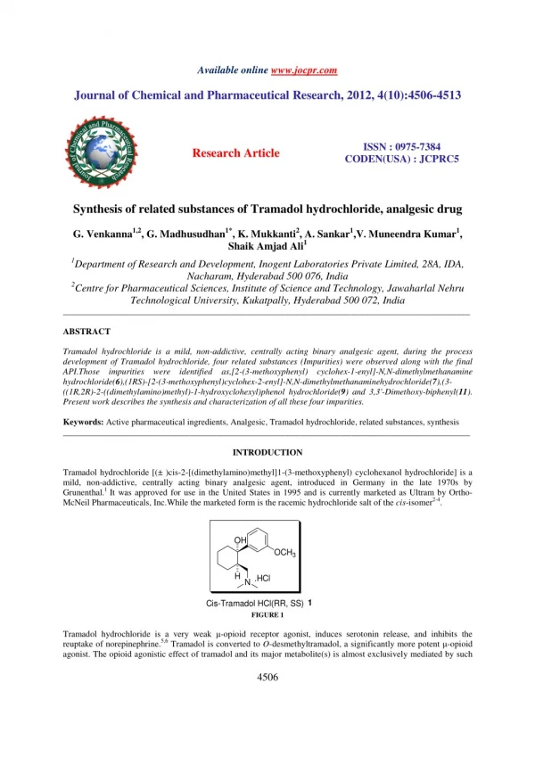 Synthesis of related substances of Tramadol hydrochloride, analgesic drug