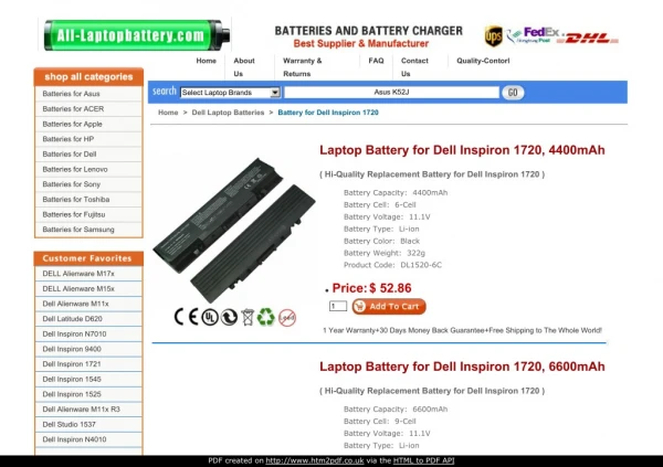 Laptop Battery for Dell Inspiron 1720