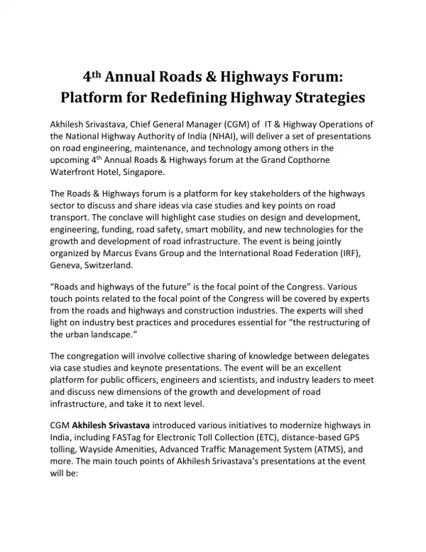 4th Annual Roads & Highways Forum: Platform for Redefining Highway Strategies