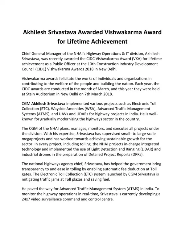 Akhilesh Srivastava Awarded Vishwakarma Award for Lifetime Achievement