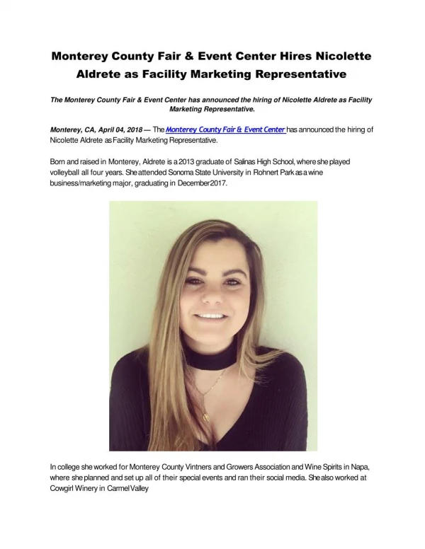 Monterey County Fair & Event Center Hires Nicolette Aldrete as Facility Marketing Representative