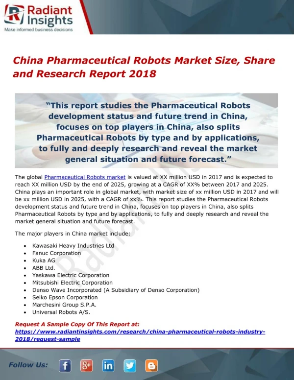 China Pharmaceutical Robots Market Size, Share and Research Report 2018