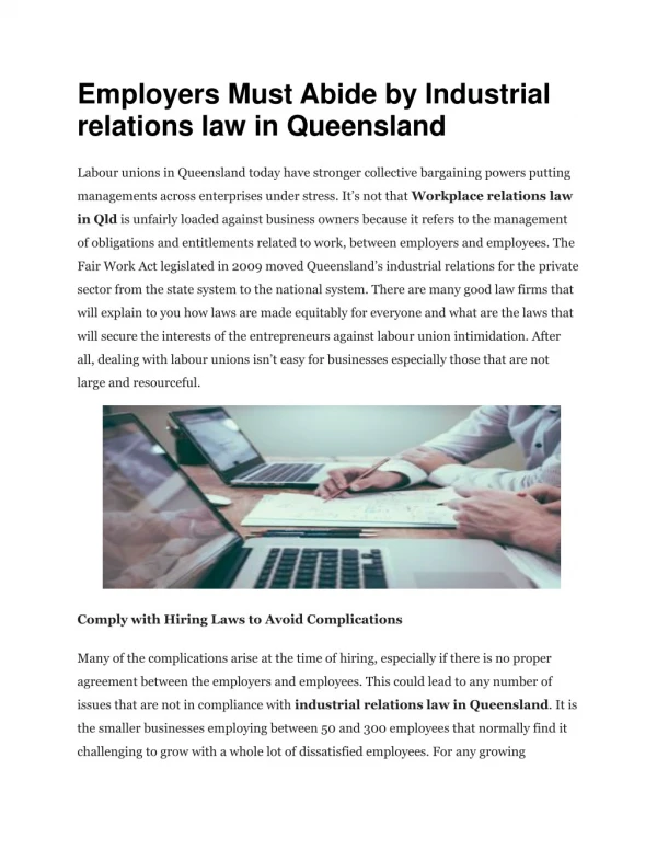 Employers Must Abide by Industrial relations law in Queensland