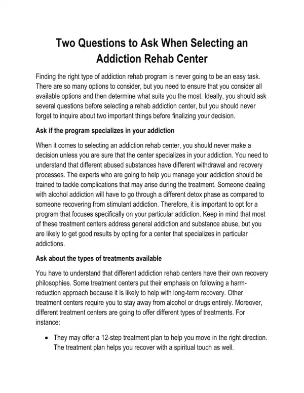 Two Questions to Ask When Selecting an Addiction Rehab Center