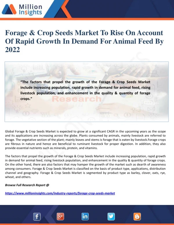 Forage & Crop Seeds Market To Rise On Account Of Rapid Growth In Demand For Animal Feed By 2022