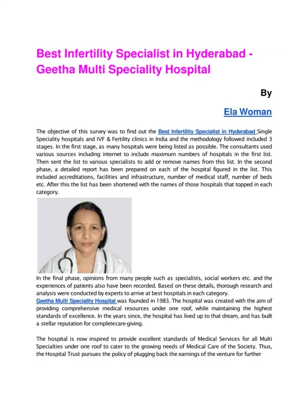 Best Infertility Specialist in Hyderabad - Geetha Multi Speciality Hospital