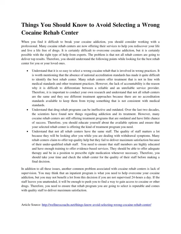 Things You Should Know to Avoid Selecting a Wrong Cocaine Rehab Center